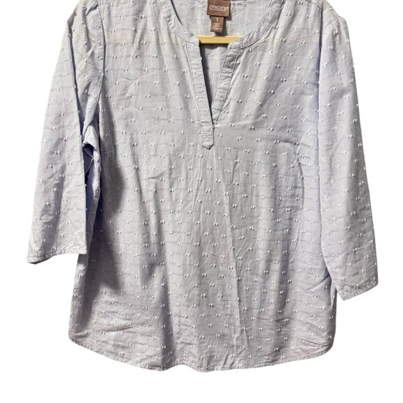 Chicos Size M Light Blue Cotton Textured 3/4 Sleeve Blouse - Picture 6 of 12